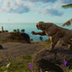 A statue of a saber tooth tiger overlooks the ocean in Far Cry 6.